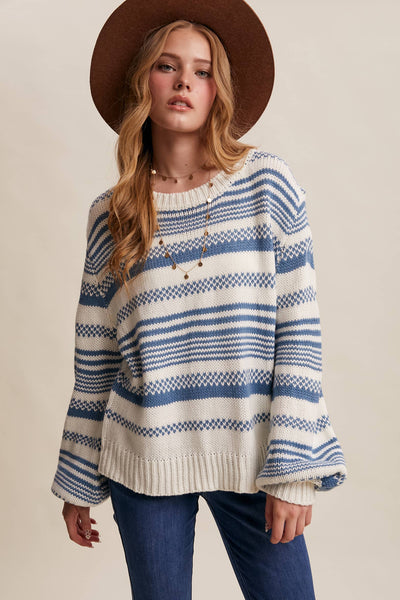 Cream & Blue Striped Knit Sweater
