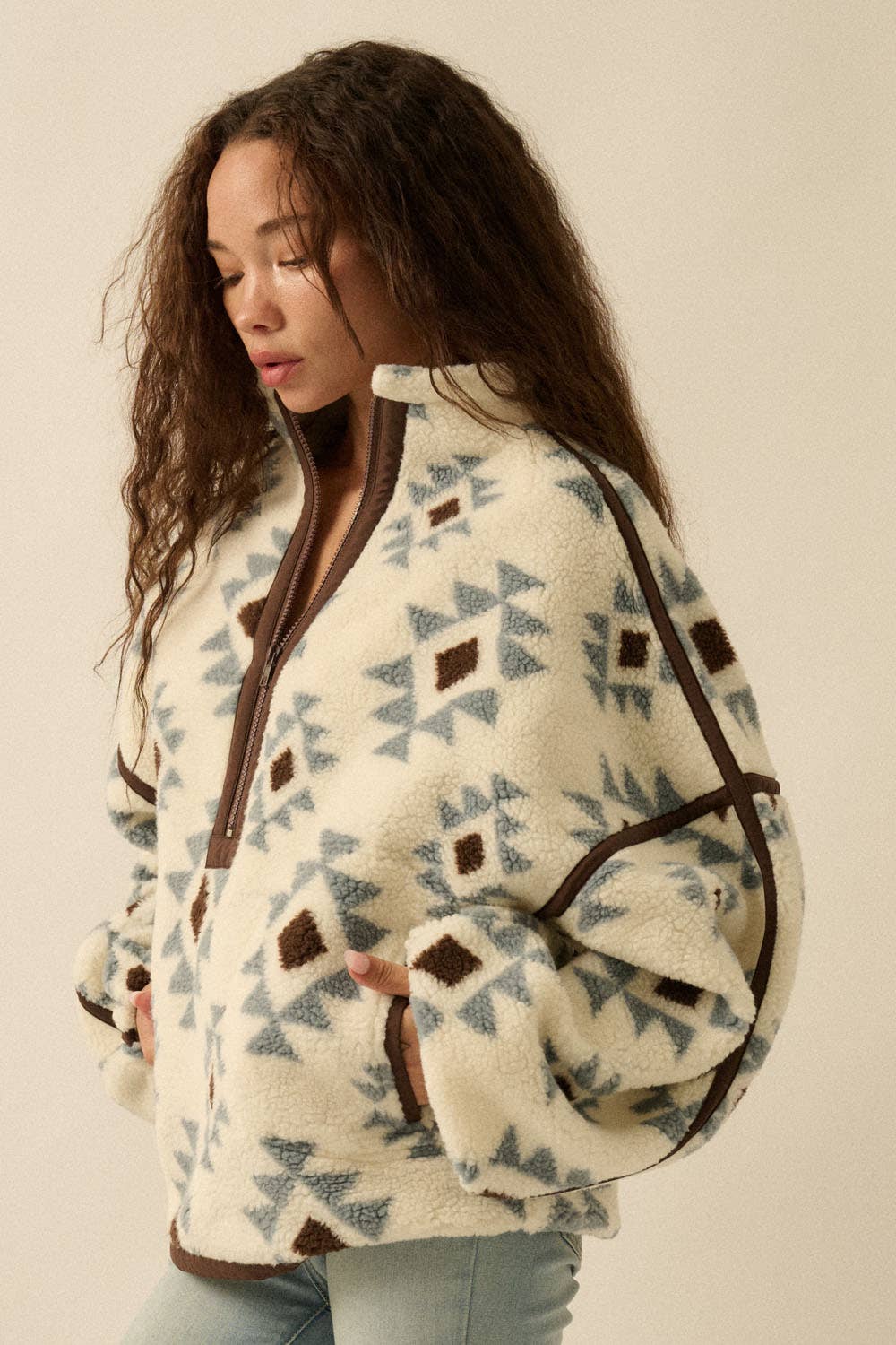 Geo Print Sherpa Fleece Half Zip Pullover