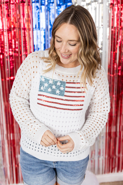 IN STOCK USA Sequin Flag Open Knit Pullover