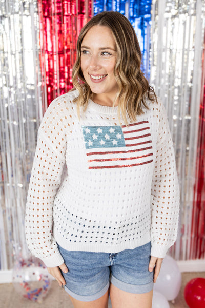 IN STOCK USA Sequin Flag Open Knit Pullover