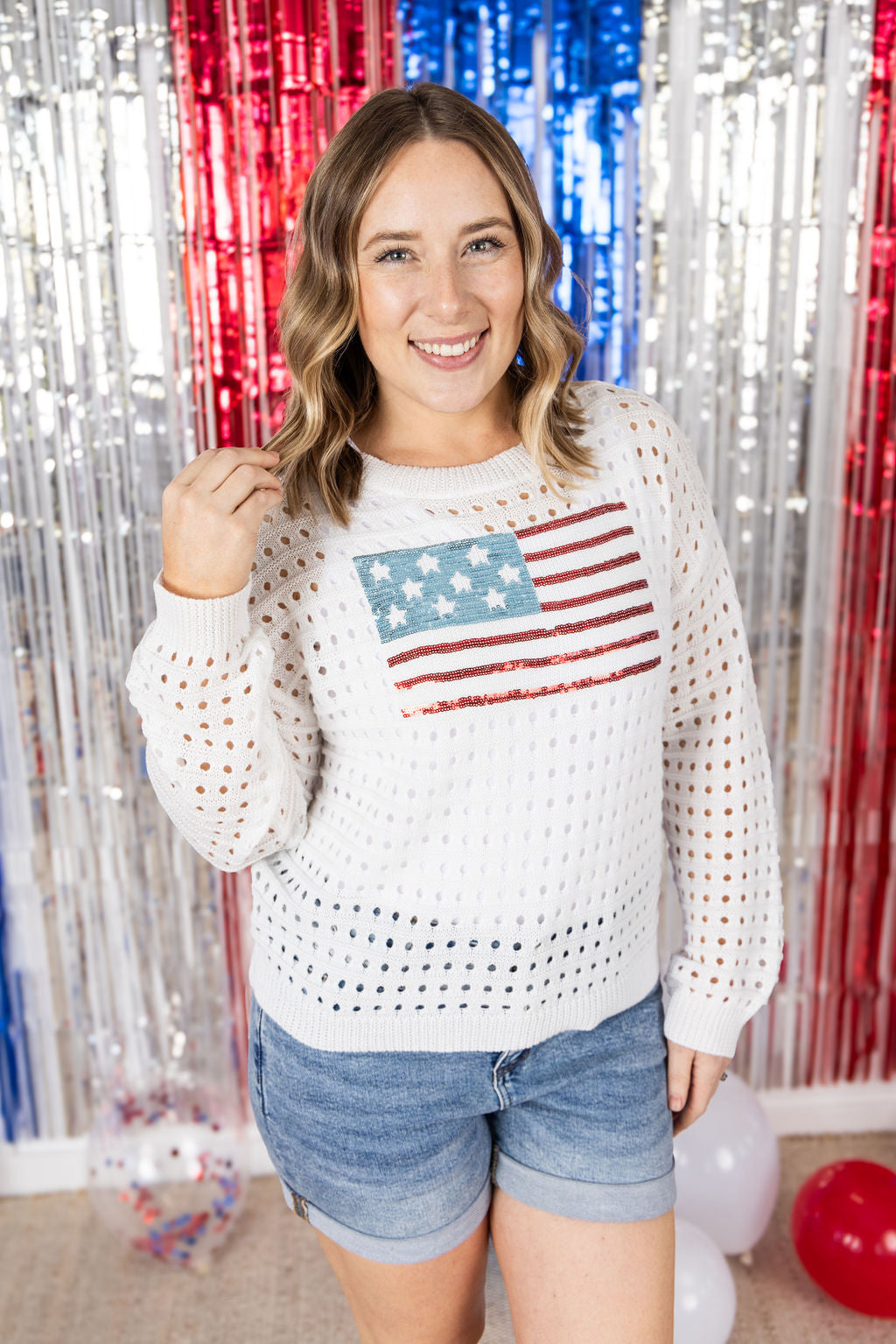 IN STOCK USA Sequin Flag Open Knit Pullover