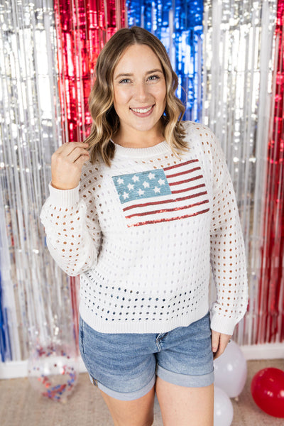 IN STOCK USA Sequin Flag Open Knit Pullover