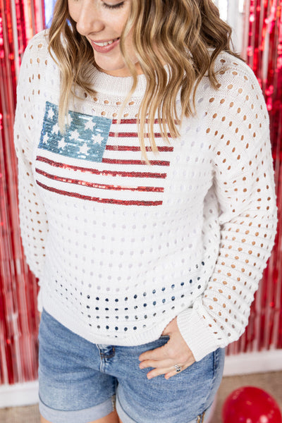 IN STOCK USA Sequin Flag Open Knit Pullover