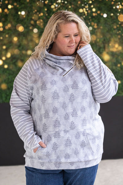 IN STOCK Classic Zoey ZipCowl Sweatshirt - Grey Trees and Stripes