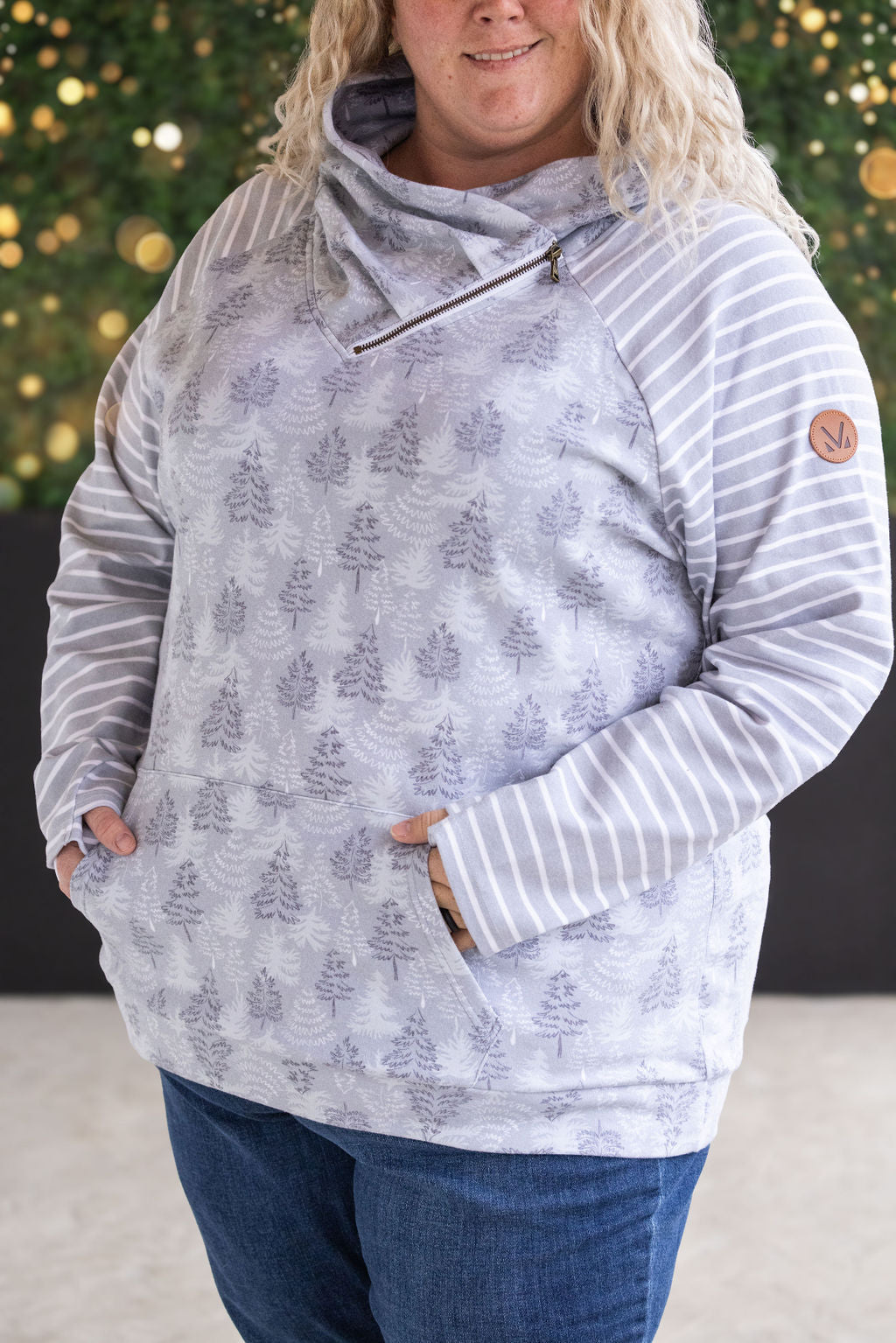 IN STOCK Classic Zoey ZipCowl Sweatshirt - Grey Trees and Stripes