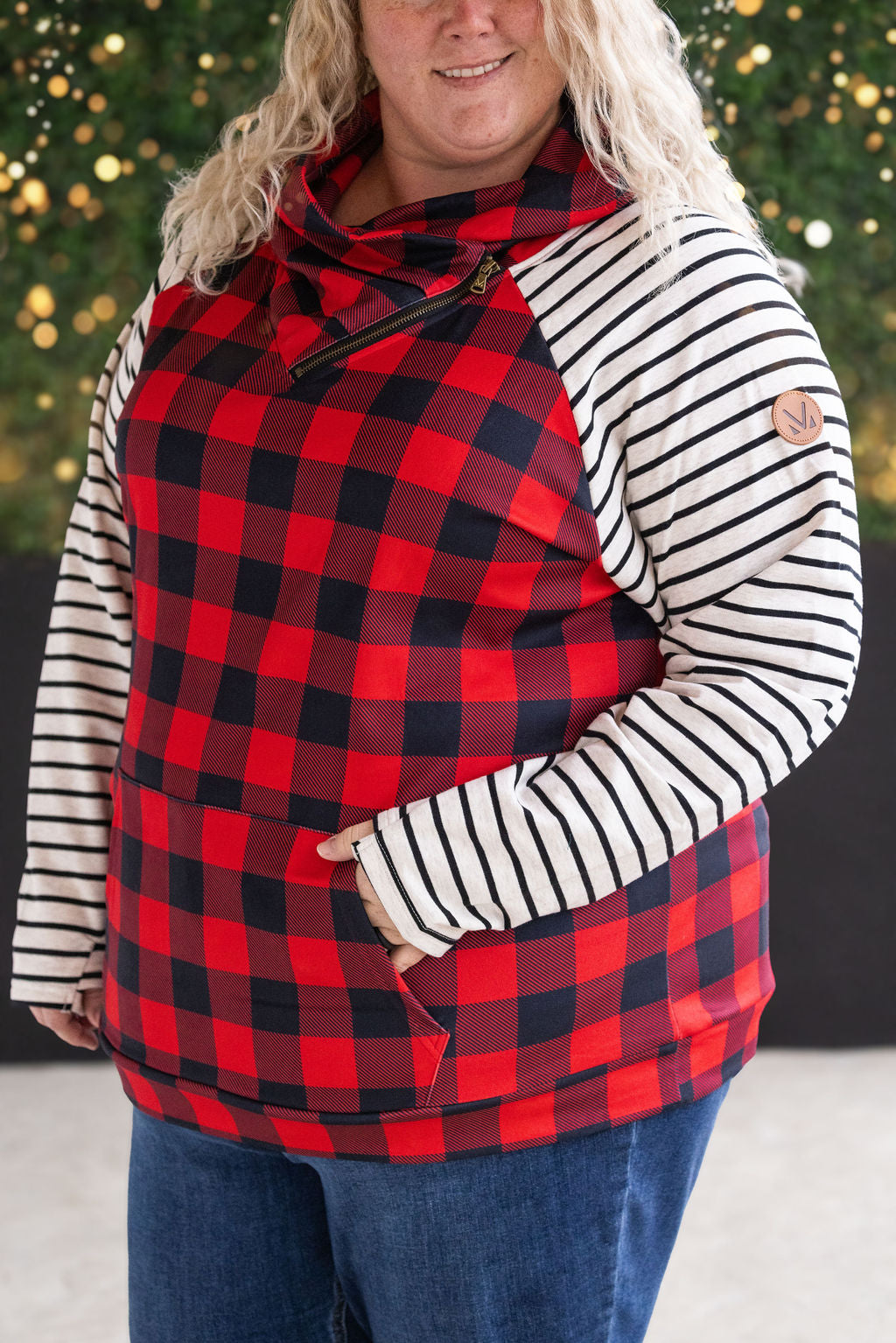 IN STOCK Zoey ZipCowl - Buffalo Plaid and Oatmeal Stripes