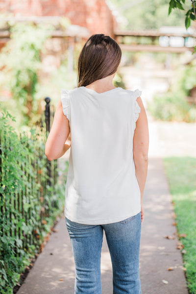 White Ruffle Shoulder Knit Top