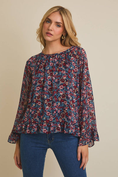 Navy Floral Loing Sleeve Top