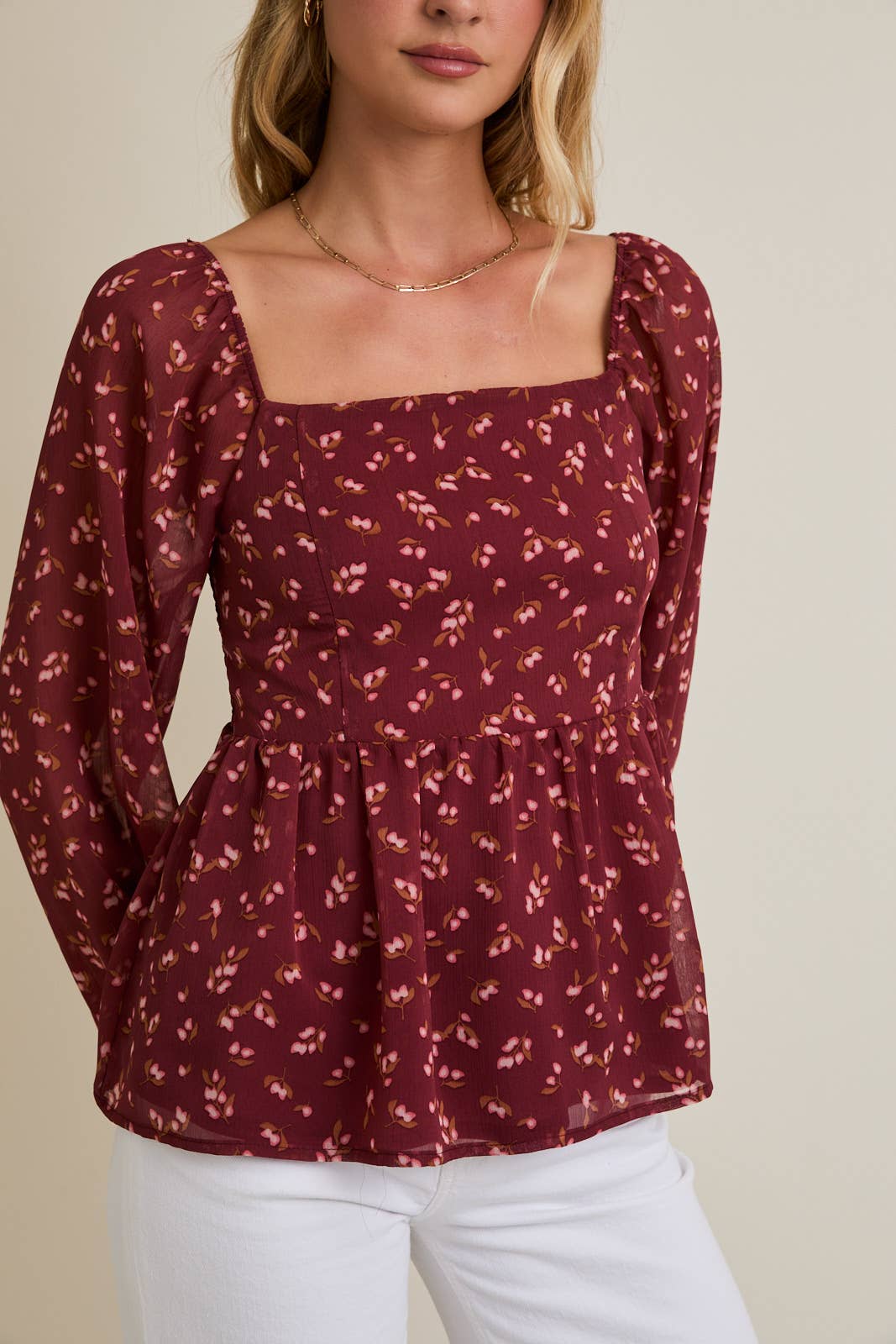Burgundy Floral Square Neck Blouse