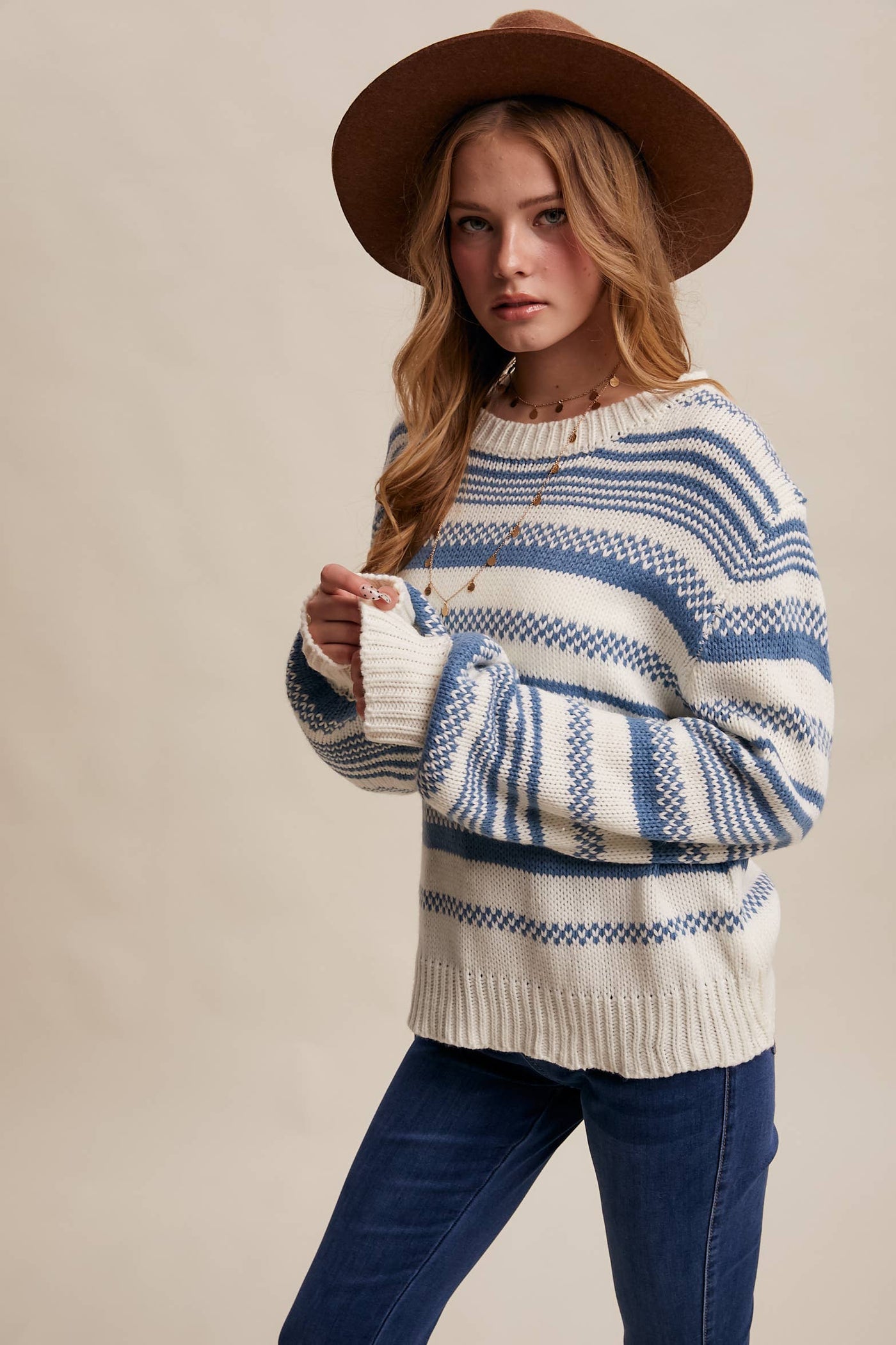 Cream & Blue Striped Knit Sweater