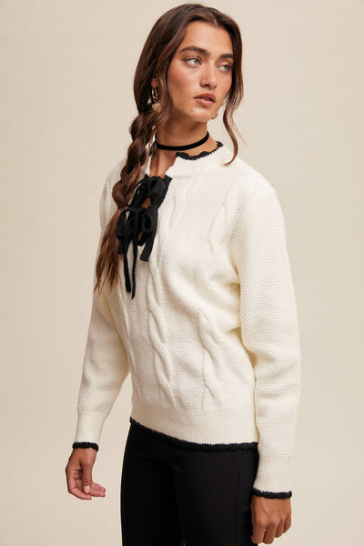 Contrast Bow-Tie Knit Pullover Sweater