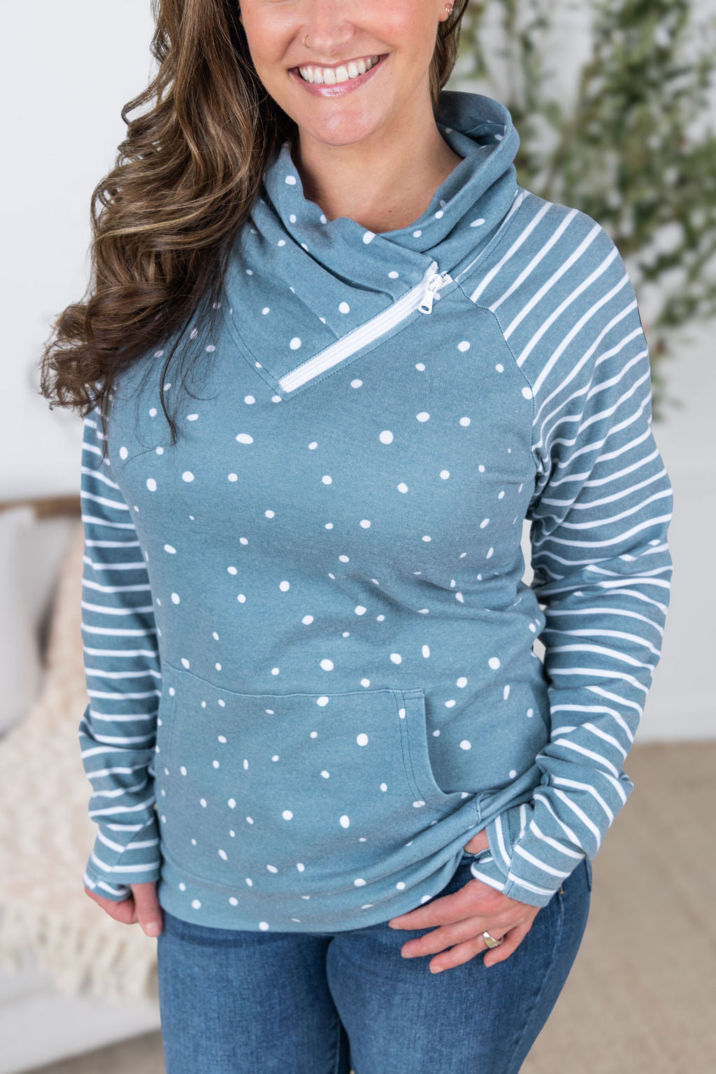 IN STOCK Zoey ZipCowl Sweatshirt - Teal Dots and Stripes
