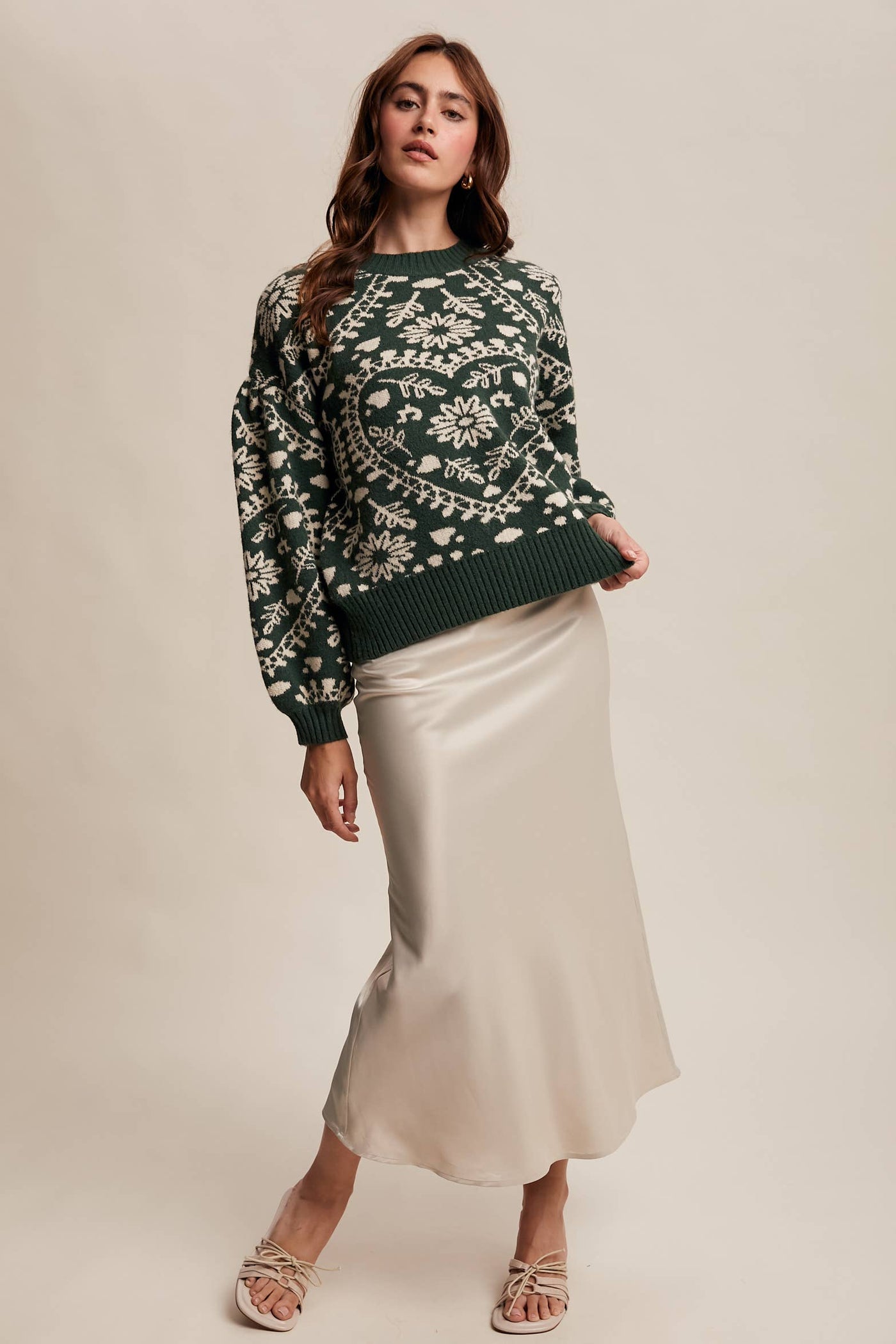 Heart Jacquard Knit Sweater: Deep Green