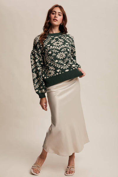 Heart Jacquard Knit Sweater: Deep Green