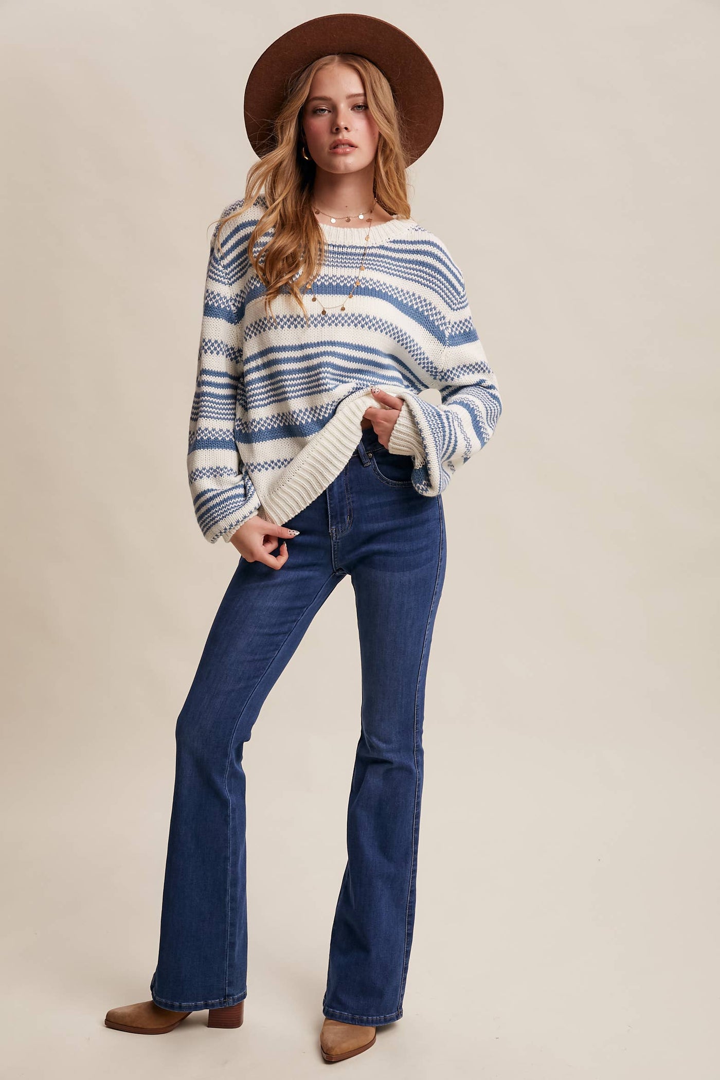 Cream & Blue Striped Knit Sweater