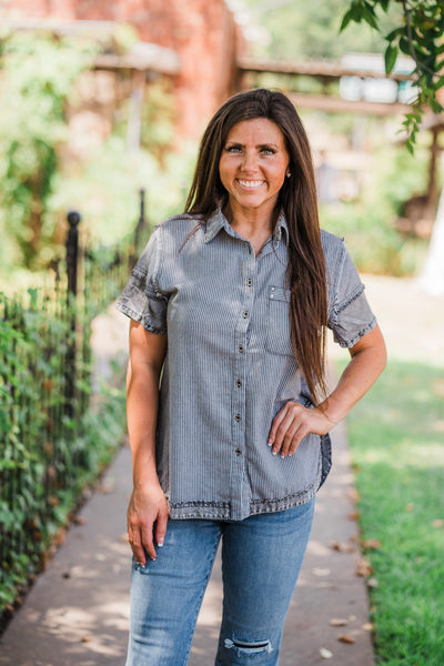 Black Denim Patchwork Button Up Shirt