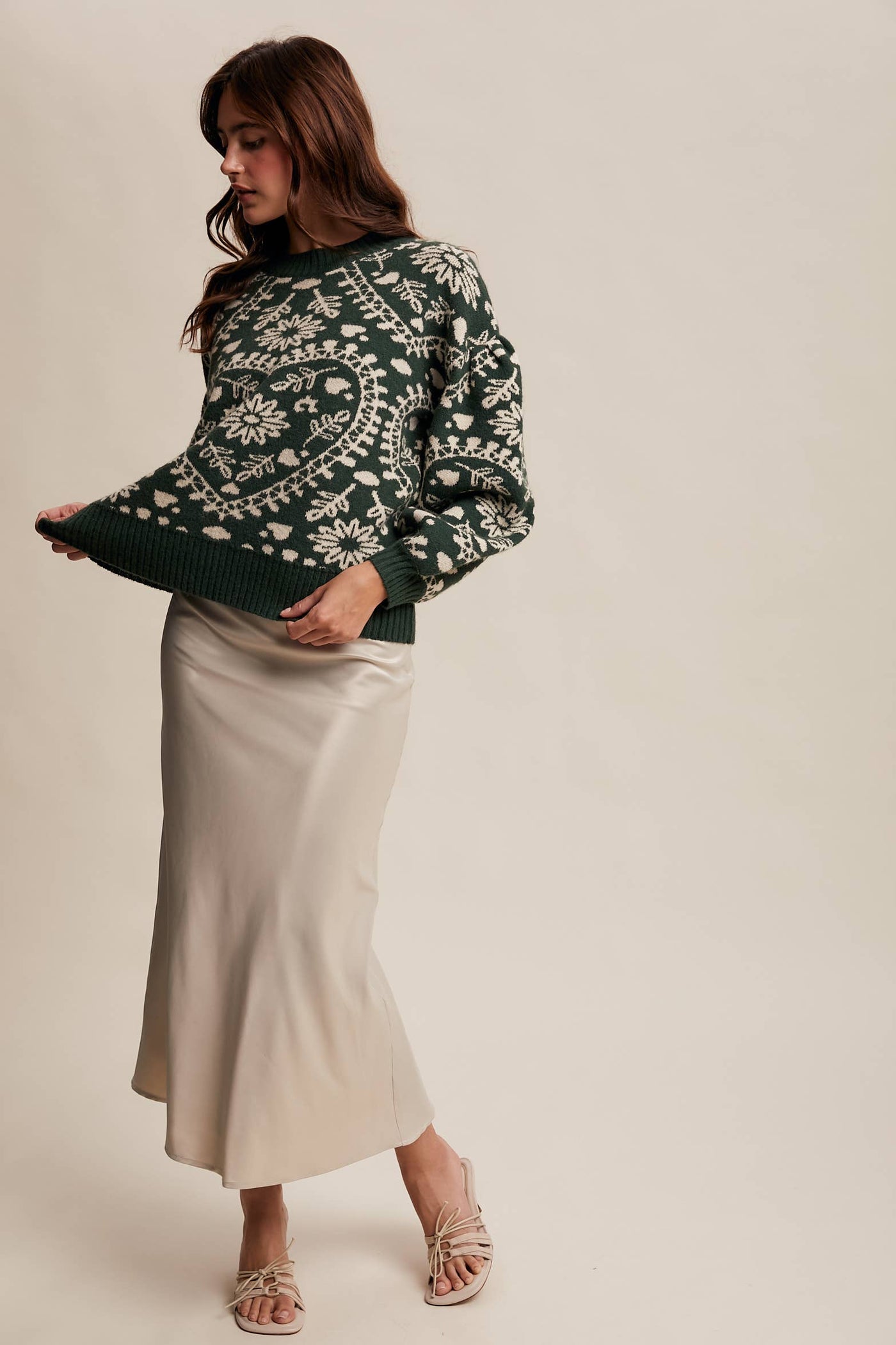 Heart Jacquard Knit Sweater: Deep Green