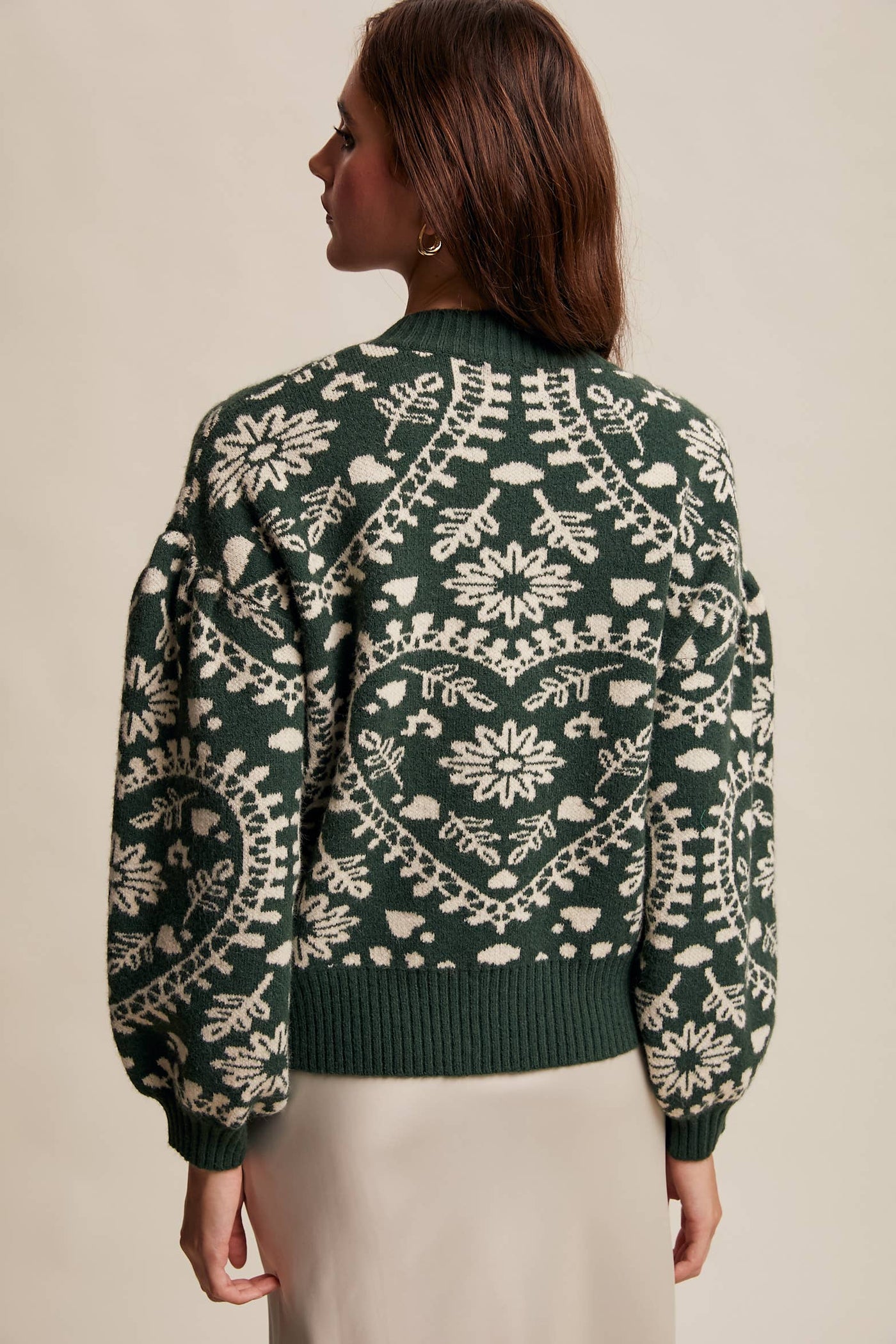 Heart Jacquard Knit Sweater: Deep Green