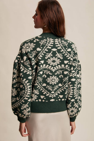 Heart Jacquard Knit Sweater: Deep Green