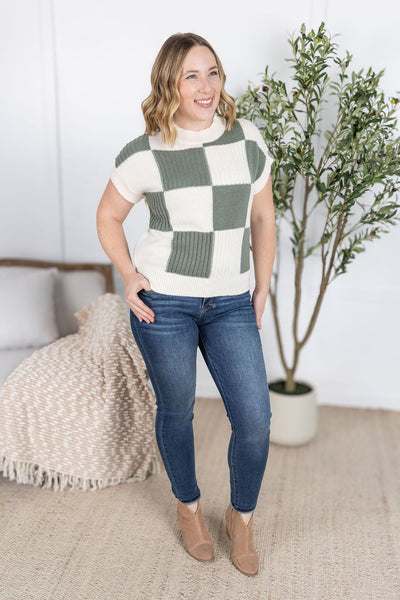 IN STOCK Checkered Sweater Top - Sage