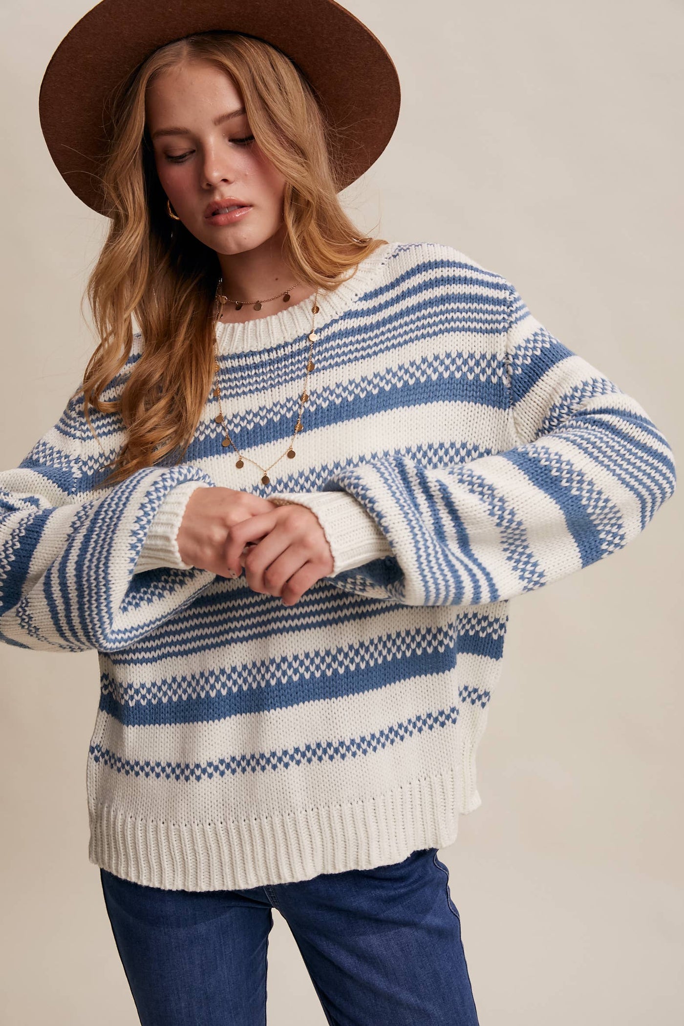 Cream & Blue Striped Knit Sweater