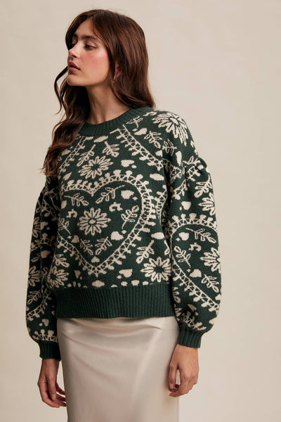 Heart Jacquard Knit Sweater: Deep Green