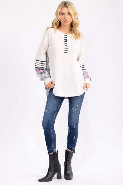 Cream Waffle Knit Plaid and Stripe Top