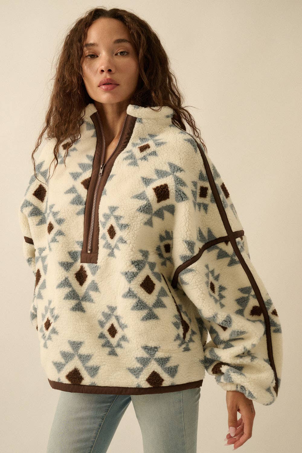 Geo Print Sherpa Fleece Half Zip Pullover