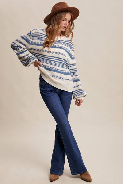 Cream & Blue Striped Knit Sweater