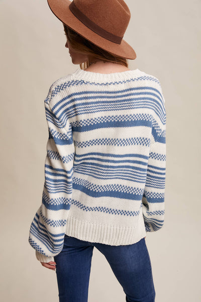 Cream & Blue Striped Knit Sweater