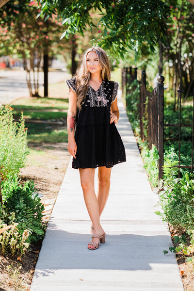 Embroidered Eyelet Tiered Dress- Black And Cream