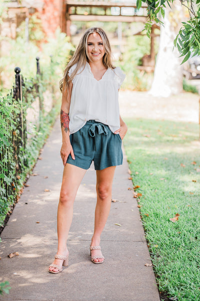 Deep Green Paper Bag Tie Waist Shorts