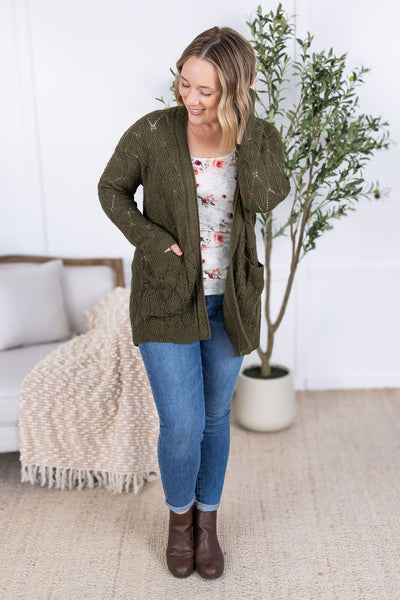 IN STOCK Open Knit Cardigan - Olive