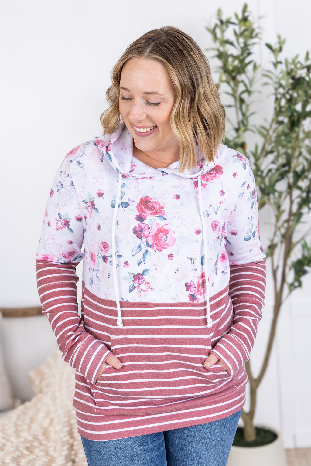 IN STOCK Hailey Pullover Hoodie - Pink Bloom and Stripes