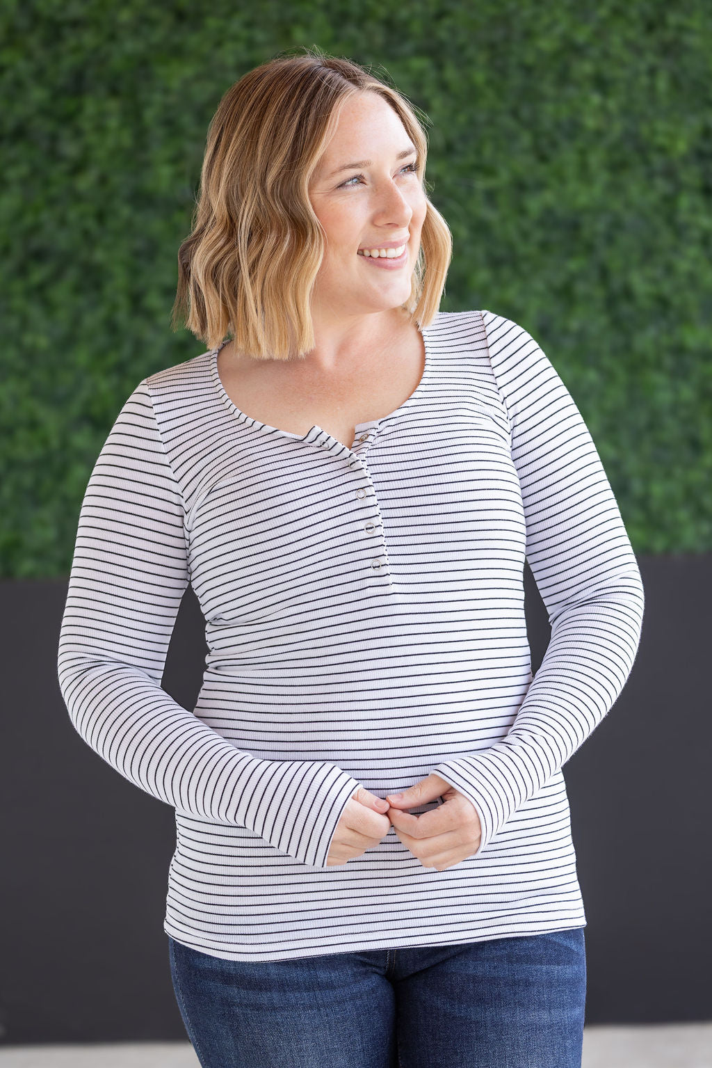 IN STOCK Striped Henley Long Sleeve - White