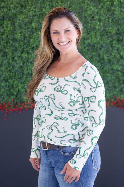 IN STOCK Alyssa Long Sleeve Top - Green Ribbons