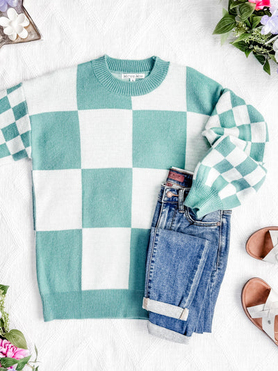 IN STOCK Checkered Pullover Sweater - Dusty Jade