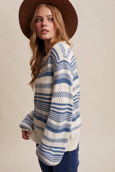 Cream & Blue Striped Knit Sweater