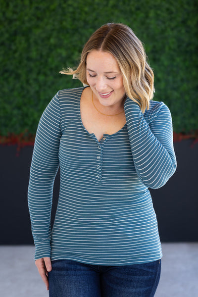 IN STOCK Striped Henley Long Sleeve - Dusty Teal