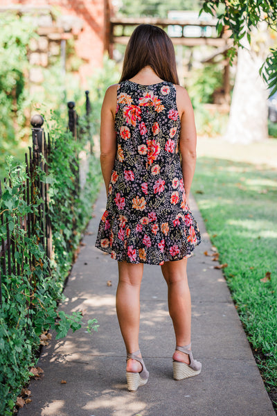 Black and Fuchsia Floral V-Neck Mini Dress