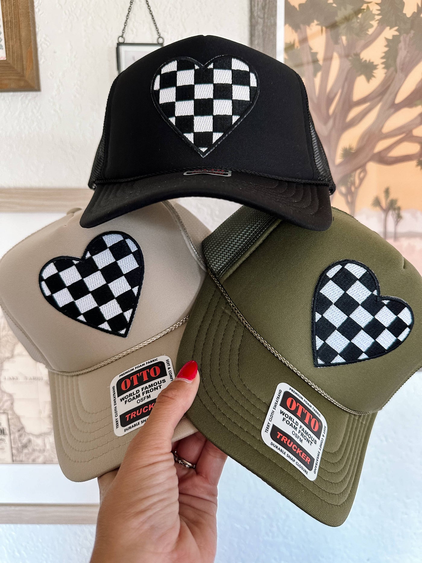 Checkered Heart Patch Trucker Hat: Khaki