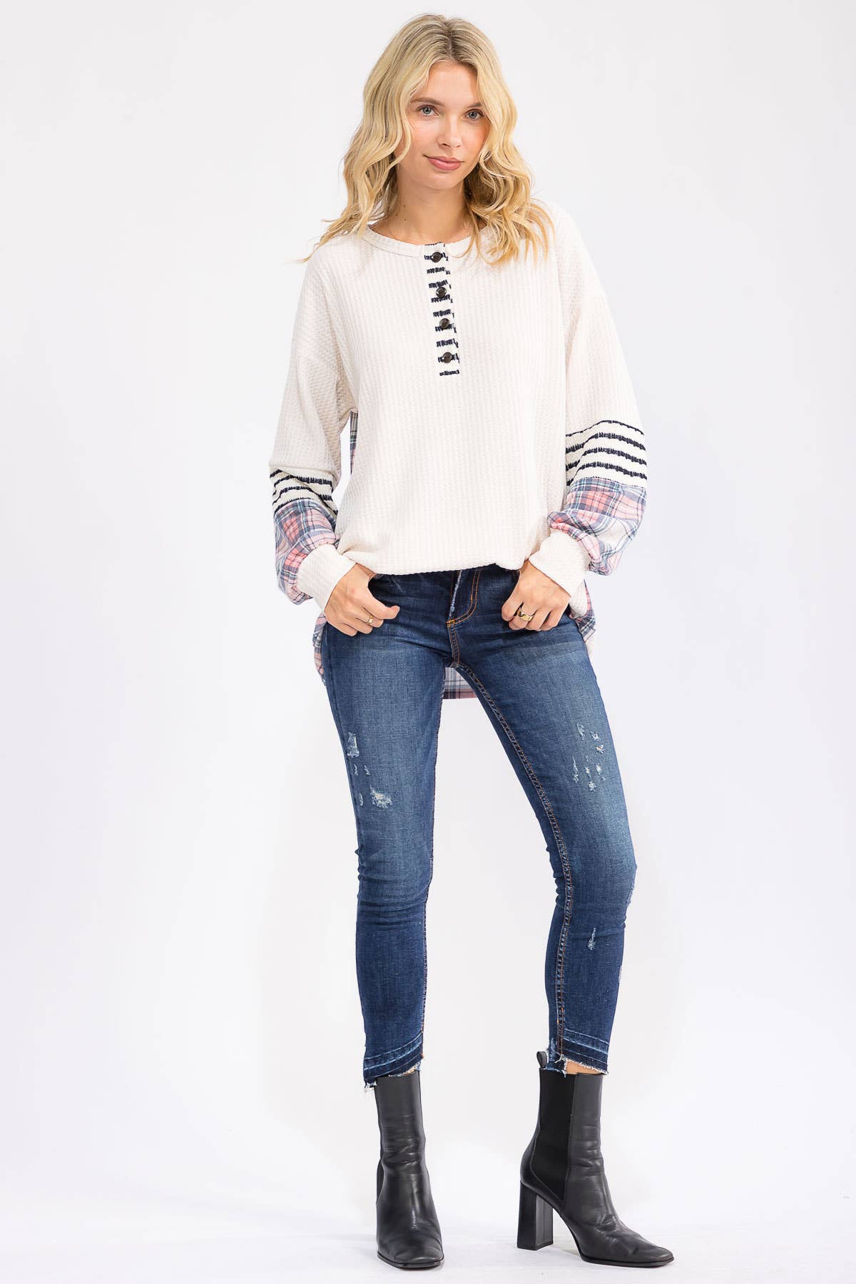 Cream Waffle Knit Plaid and Stripe Top