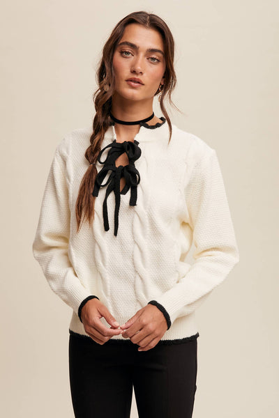 Contrast Bow-Tie Knit Pullover Sweater