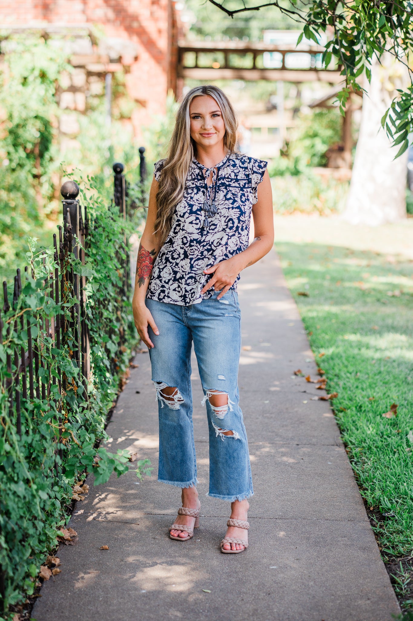 Navy Floral Flutter Sleeve Blouse