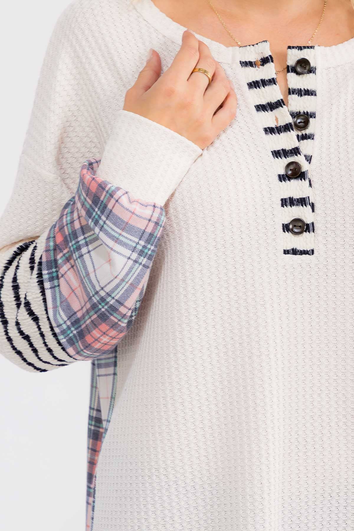 Cream Waffle Knit Plaid and Stripe Top