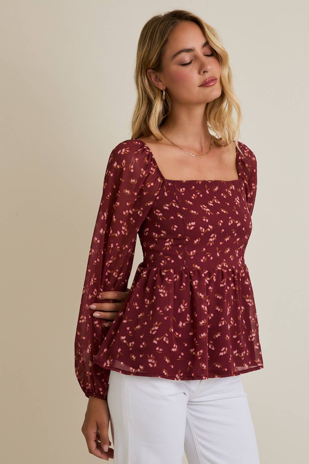 Burgundy Floral Square Neck Blouse