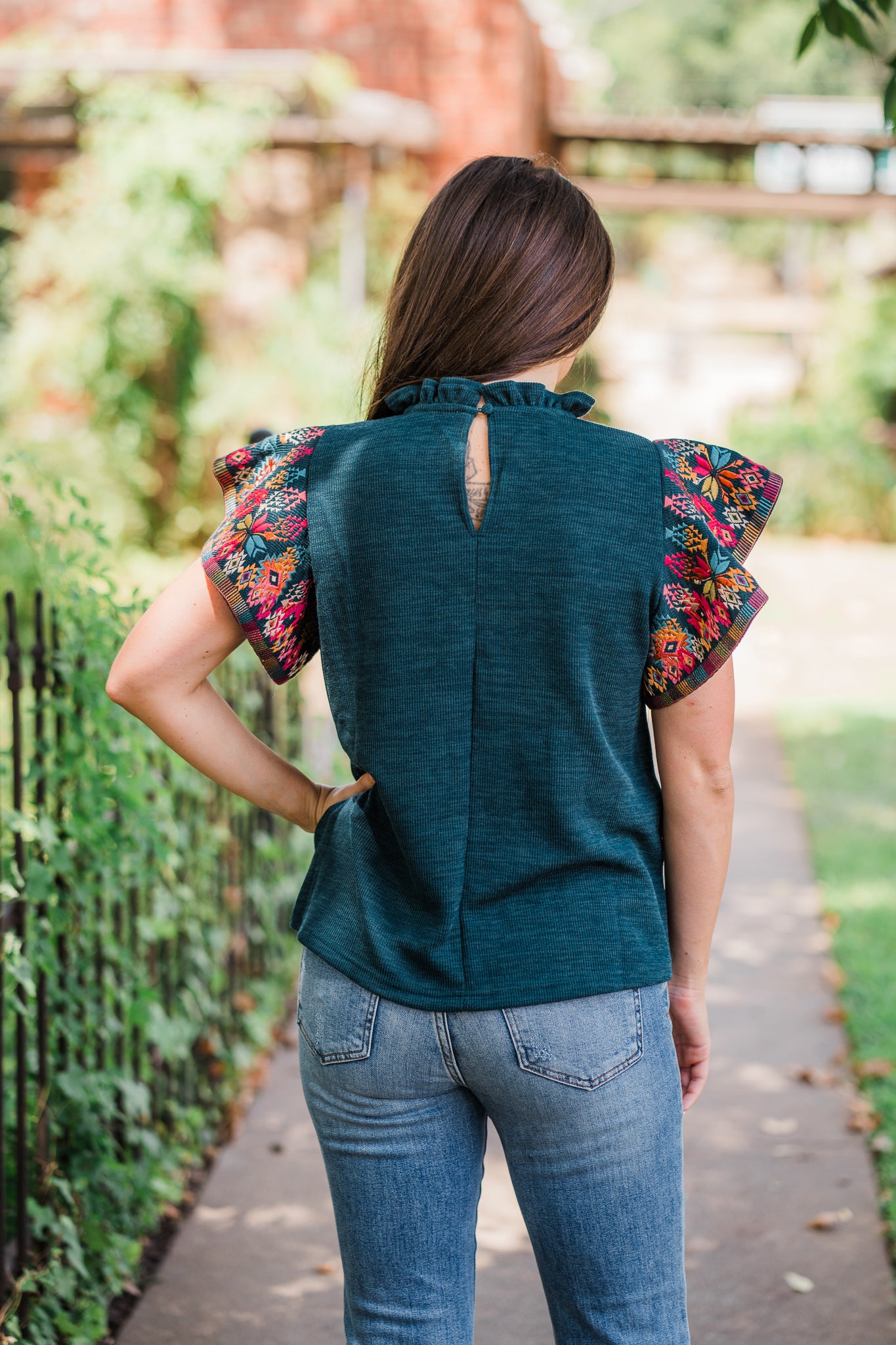 Teal Ribbed Embroidered Knit Top