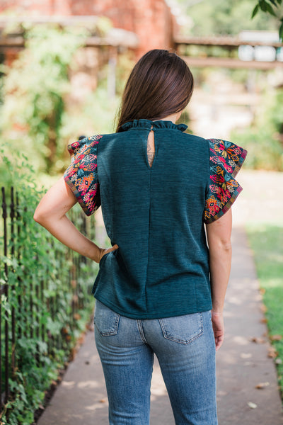 Teal Ribbed Embroidered Knit Top
