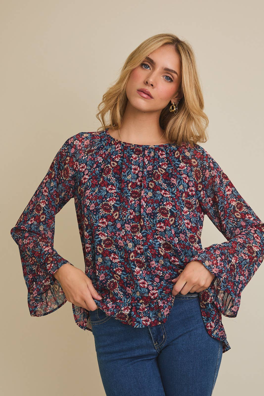 Navy Floral Loing Sleeve Top