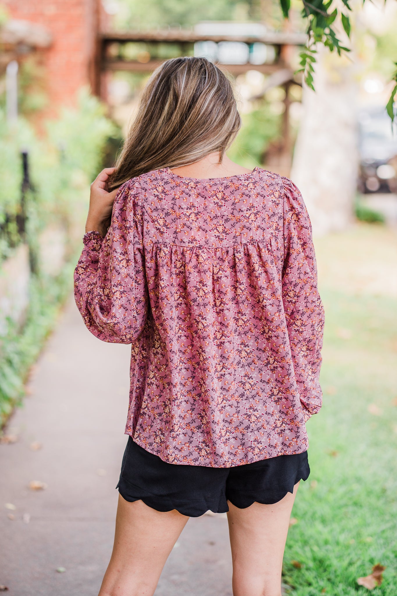 Mauve Floral Blouse with Tassel String